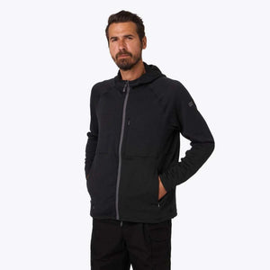Man wearing a black Mobile Warming hooded zip up jacket with grey zipper detail