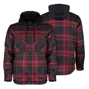 Mobile Warming red and black plaid hooded flannel shirt jacket