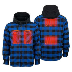Mobile Warming blue and black plaid heated flannel shirt with hood showing front and back heating elements