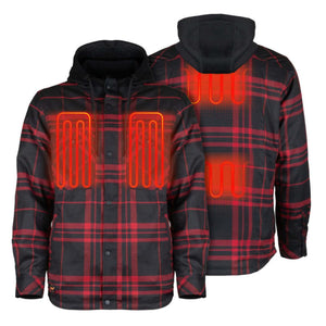 Mobile Warming red and black plaid heated hooded flannel shirt showing internal heating elements