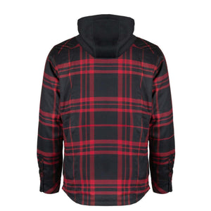 Back view of a Mobile Warming red and black plaid hooded jacket