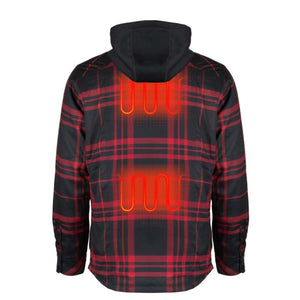Back view of Mobile Warming red and black plaid hooded heated shirt with visible heating elements