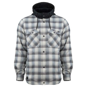 Mobile Warming grey and white plaid flannel hooded shirt with snap buttons and two chest pockets