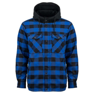 Mobile Warming blue and black plaid flannel hooded shirt jacket with snap buttons