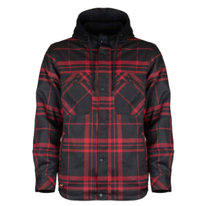 Mobile Warming red and black plaid hooded flannel shirt with snap button closure and chest pockets