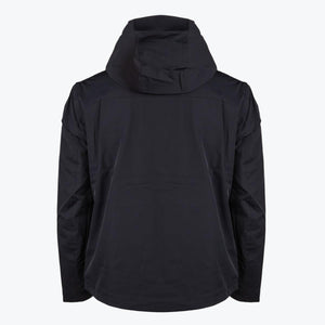 Back view of a black hooded jacket