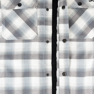 Mobile Warming grey and white plaid flannel shirt with black buttons and black fleece lining