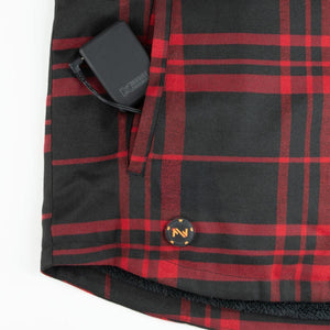 Mobile Warming red and black plaid jacket with battery pack in pocket and power button