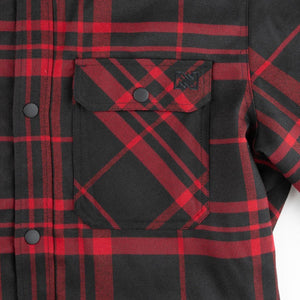 Mobile Warming red and black plaid flannel shirt chest pocket detail with snap button closure
