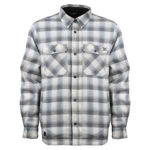 Mobile Warming grey and white plaid long sleeve button up shirt with two chest pockets