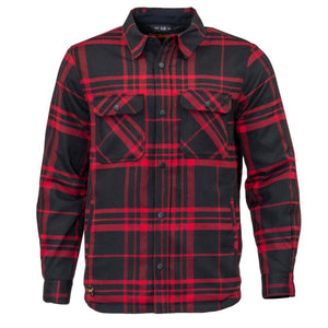 Mobile Warming red and black plaid long sleeve button down shirt with two chest pockets