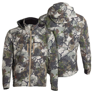 Mobile Warming hooded jacket in camouflage pattern showing front and back views