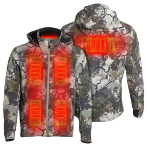 Mobile Warming camo heated jacket showing front and back heating elements