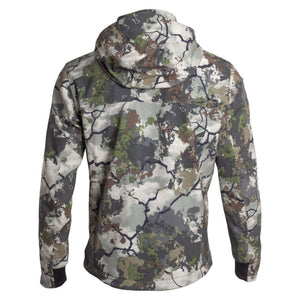 Mobile Warming hooded jacket in camouflage print viewed from the back