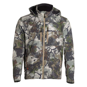 Mobile Warming hooded jacket in camouflage print with tan zipper details
