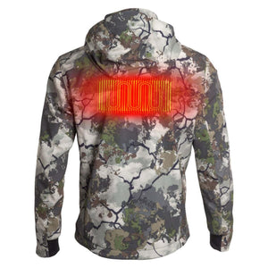 Mobile Warming camo hooded jacket with back heating element graphic
