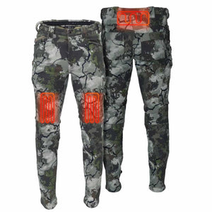 Mobile Warming heated camo pants showing heating elements on knees and lower back