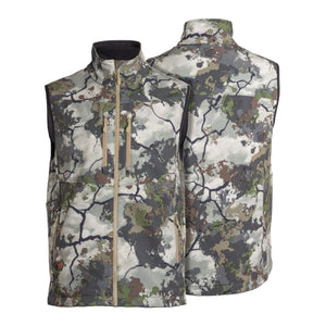Mobile Warming camo vest showing front and back views