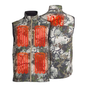 Mobile Warming heated camo vest showing front and back heating elements