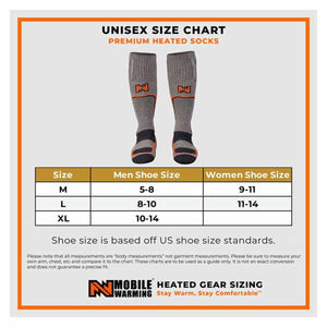 Mobile Warming unisex size chart for premium heated socks showing US shoe size conversions for sizes M L and XL