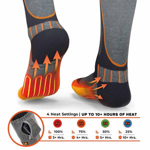 Mobile Warming heated socks showing heat zones and battery settings chart