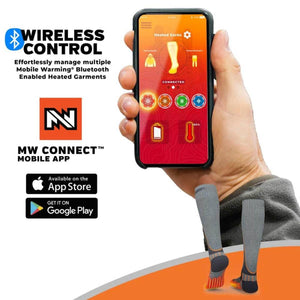 Hand holding smartphone displaying Mobile Warming MW Connect app interface with heated socks shown below