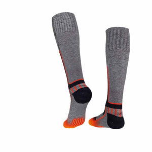 Pair of grey knee high socks with black and orange accents
