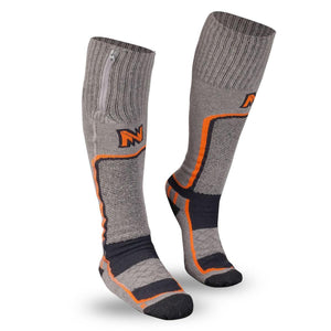 Mobile Warming grey heated socks with orange trim and side zipper