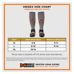 Mobile Warming unisex size chart for premium heated socks showing US men and women shoe size conversions