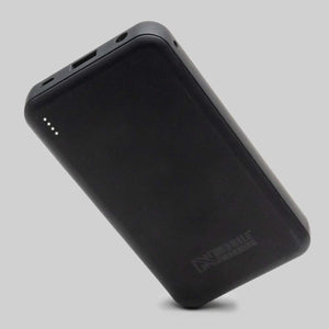 Mobile Warming black portable power bank with four LED indicator lights