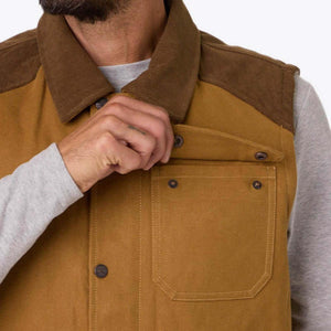 Mobile Warming brown canvas vest with corduroy collar and buttoned chest pocket