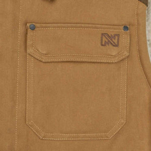 Mobile Warming tan canvas chest pocket with branded logo patch and metal rivets