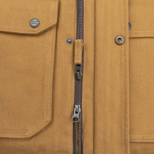 Mobile Warming jacket detail showing brown canvas fabric with zipper and snap button closures