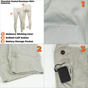 Mobile Warming Thermick heated baselayer features showing moisture wicking fabric, knitted cuffs, and battery pocket