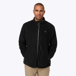 Man wearing a black Mobile Warming fleece jacket with a full zip front