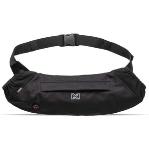 Mobile Warming black heated hand muff with adjustable waist strap and power button
