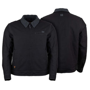 Mobile Warming black work jacket with grey collar and front and back views