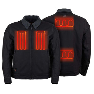 Mobile Warming black heated jacket showing front and back heating elements