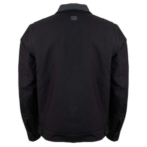 Back view of black Mobile Warming work jacket with ribbed collar