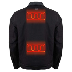 Back view of black Mobile Warming heated jacket showing two glowing red heating elements