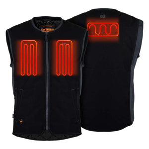 Mobile Warming black heated vest showing front and back heating elements