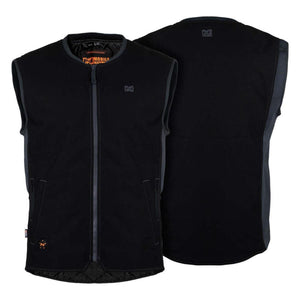 Mobile Warming black heated vest shown from front and back views