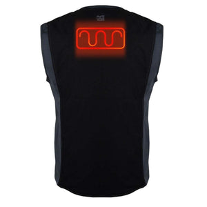 Back view of a black Mobile Warming heated vest with a glowing red heating element on the upper back
