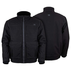 Mobile Warming black utility jacket with front and back views showing four pockets and zipper closure