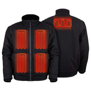 Mobile Warming black heated jacket showing front and back heating element zones