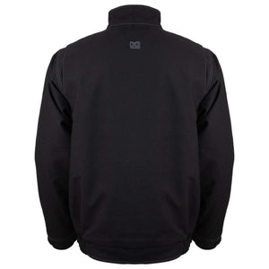 Back view of a black Mobile Warming jacket with a high collar and subtle logo branding