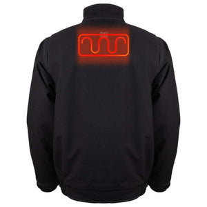 Back view of a black Mobile Warming jacket with a glowing red heating element graphic on the upper back