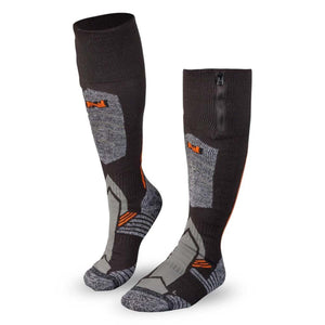Mobile Warming black and grey heated socks with orange accents and side battery pocket