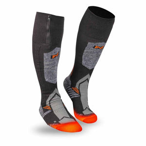 Mobile Warming black and grey heated socks with orange toe accents