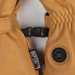 Mobile Warming tan leather gloves with black plastic buckle and Hipora tag